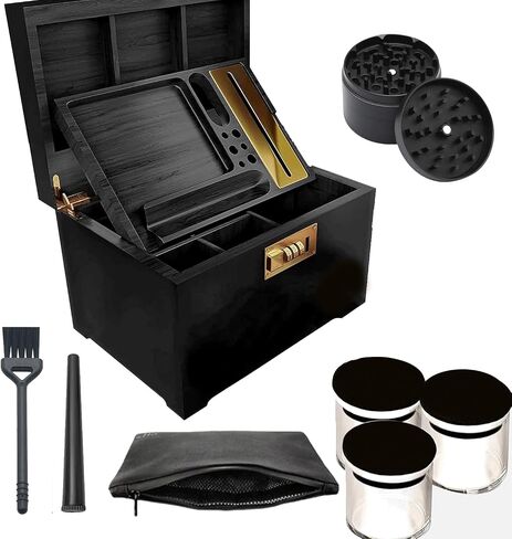 Premium Bamboo Storage Box with Rolling Tray and Deordant Bag-Decorative Box Set with Combination Lock-Storage Box with 3 Acrylic Jars, Brush and Storage tube for Christmas Gift (Black) in Saudi Arabia