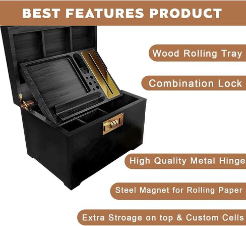 Premium Bamboo Storage Box with Rolling Tray and Deordant Bag-Decorative Box Set with Combination Lock-Storage Box with 3 Acrylic Jars, Brush and Storage tube for Christmas Gift (Black) in Saudi Arabia