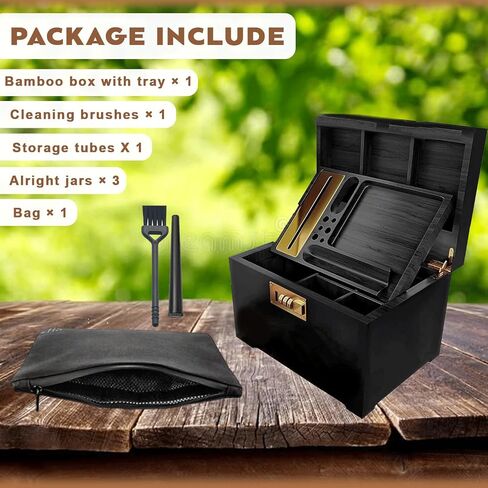 Premium Bamboo Storage Box with Rolling Tray and Deordant Bag-Decorative Box Set with Combination Lock-Storage Box with 3 Acrylic Jars, Brush and Storage tube for Christmas Gift (Black) in Saudi Arabia
