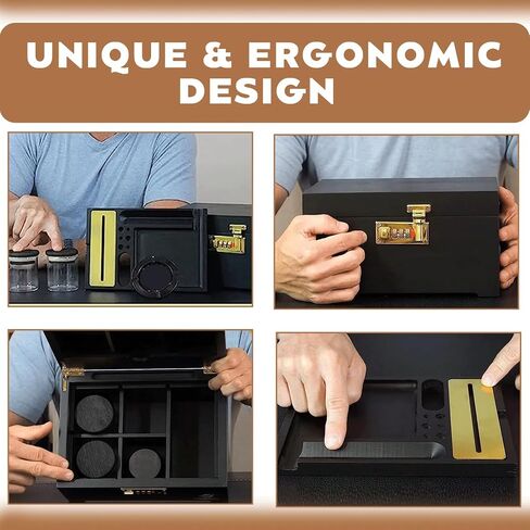 Premium Bamboo Storage Box with Rolling Tray and Deordant Bag-Decorative Box Set with Combination Lock-Storage Box with 3 Acrylic Jars, Brush and Storage tube for Christmas Gift (Black) in Saudi Arabia