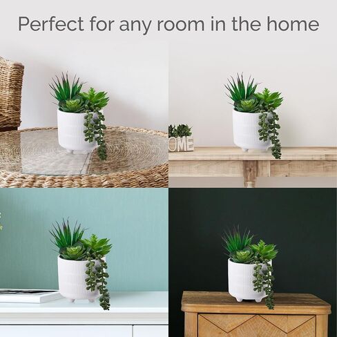 Elements Succulent in Embossed White Ceramic Pot for Bathroom Farmhouse Faux Greenery Tabletop Centerpiece Mantel Office Desk Kitchen Décor, 8 inch in Saudi Arabia