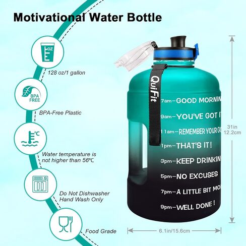 QuiFit Motivational Gallon Water Bottle - with Time Marker & Infuser & Flip Top Leak-Proof Reusable Water Jug for Fitness Outdoor Sports Enthusiasts BPA Free (A8-Green/Black Gradient, 1 Gallon) in Saudi Arabia