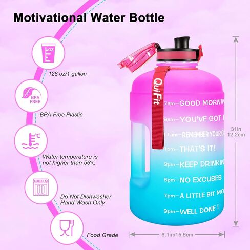 QuiFit Motivational Gallon Water Bottle - with Time Marker & Infuser & Flip Top Leak-Proof Reusable Water Jug for Fitness Outdoor Sports Enthusiasts BPA Free (A8-Green/Black Gradient, 1 Gallon) in Saudi Arabia