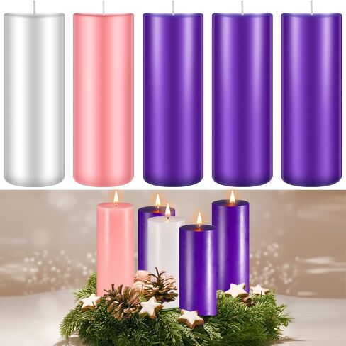 Set of 5 Candles Christmas Advent Pillar Candles Dripless Scented Catholic Advent Candle Purple Pink White Hand Poured Wax Candle for Christmas Church Home Wedding Holiday Decor (Classic,3 x 7.9 Inch) in Saudi Arabia