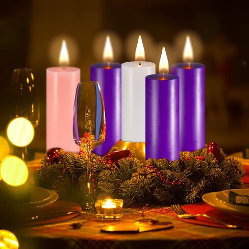 Set of 5 Candles Christmas Advent Pillar Candles Dripless Scented Catholic Advent Candle Purple Pink White Hand Poured Wax Candle for Christmas Church Home Wedding Holiday Decor (Classic,3 x 7.9 Inch) in Saudi Arabia
