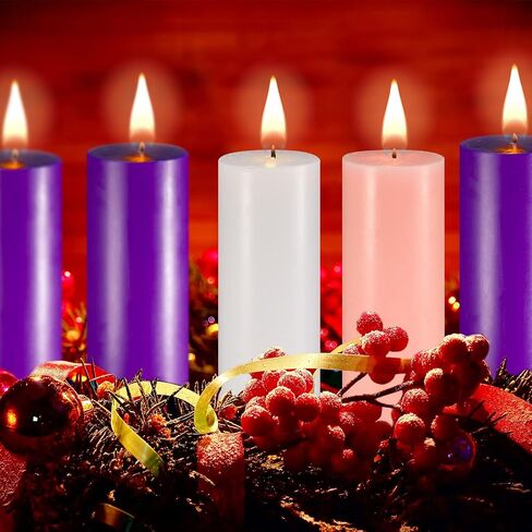 Set of 5 Candles Christmas Advent Pillar Candles Dripless Scented Catholic Advent Candle Purple Pink White Hand Poured Wax Candle for Christmas Church Home Wedding Holiday Decor (Classic,3 x 7.9 Inch) in Saudi Arabia