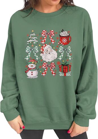 Women Christmas Sweatshirt Cute Santa Xmas Tree Long Sleeve Shirt Fall Winter Crewneck Pullover Holiday Top Outfit in Saudi Arabia