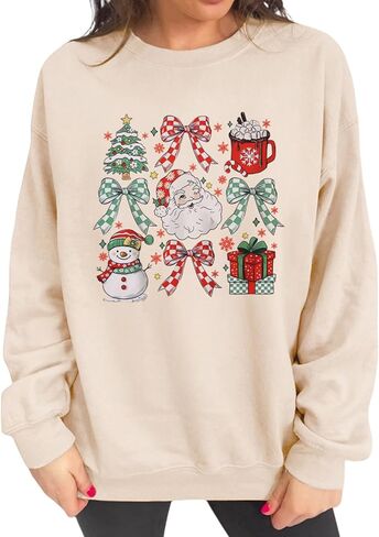 Women Christmas Sweatshirt Cute Santa Xmas Tree Long Sleeve Shirt Fall Winter Crewneck Pullover Holiday Top Outfit in Saudi Arabia