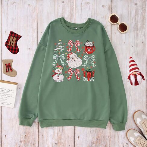 Women Christmas Sweatshirt Cute Santa Xmas Tree Long Sleeve Shirt Fall Winter Crewneck Pullover Holiday Top Outfit in Saudi Arabia