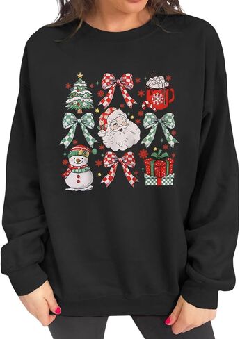 Women Christmas Sweatshirt Cute Santa Xmas Tree Long Sleeve Shirt Fall Winter Crewneck Pullover Holiday Top Outfit in Saudi Arabia