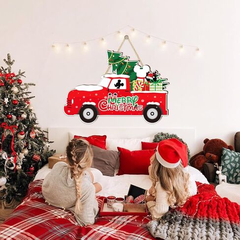 ميكي ماوس زينة عيد الميلاد باب خشبي شماعات شاحنة حمراء زينة باب عيد الميلاد باللونين الأحمر والأخضر تحت عنوان عيد ميلاد سعيد الحلي معلقة علامة صور الدعامة لزينة عيد الميلاد in Kuwait