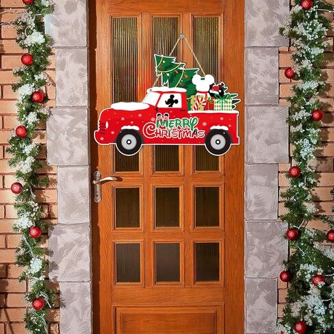 ميكي ماوس زينة عيد الميلاد باب خشبي شماعات شاحنة حمراء زينة باب عيد الميلاد باللونين الأحمر والأخضر تحت عنوان عيد ميلاد سعيد الحلي معلقة علامة صور الدعامة لزينة عيد الميلاد in Kuwait