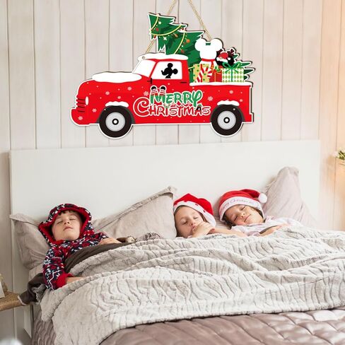 ميكي ماوس زينة عيد الميلاد باب خشبي شماعات شاحنة حمراء زينة باب عيد الميلاد باللونين الأحمر والأخضر تحت عنوان عيد ميلاد سعيد الحلي معلقة علامة صور الدعامة لزينة عيد الميلاد in Kuwait