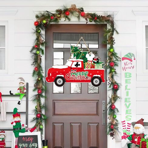 ميكي ماوس زينة عيد الميلاد باب خشبي شماعات شاحنة حمراء زينة باب عيد الميلاد باللونين الأحمر والأخضر تحت عنوان عيد ميلاد سعيد الحلي معلقة علامة صور الدعامة لزينة عيد الميلاد in Kuwait