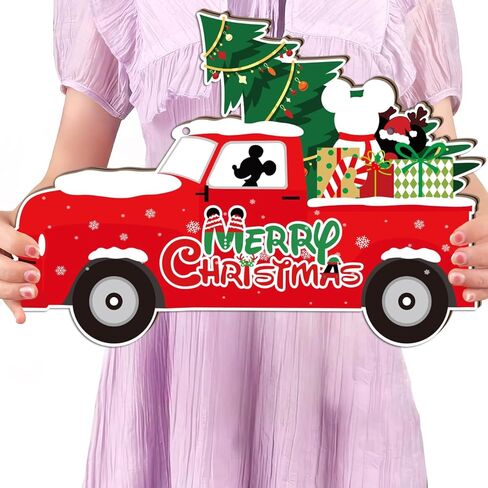 ميكي ماوس زينة عيد الميلاد باب خشبي شماعات شاحنة حمراء زينة باب عيد الميلاد باللونين الأحمر والأخضر تحت عنوان عيد ميلاد سعيد الحلي معلقة علامة صور الدعامة لزينة عيد الميلاد in Kuwait