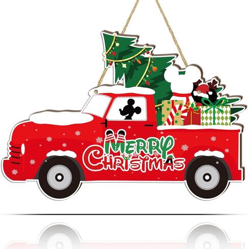 ميكي ماوس زينة عيد الميلاد باب خشبي شماعات شاحنة حمراء زينة باب عيد الميلاد باللونين الأحمر والأخضر تحت عنوان عيد ميلاد سعيد الحلي معلقة علامة صور الدعامة لزينة عيد الميلاد in Kuwait