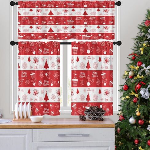 Christmas Navy Blue Snowflakes Kitchen Curtains with Valance and Tier Sets 36 Inch, 3 Pieces Crystal Snow Rod Pocket Drapes Window Treatment Curtains for Kitchen Over Sink Bed Room Decor in Saudi Arabia