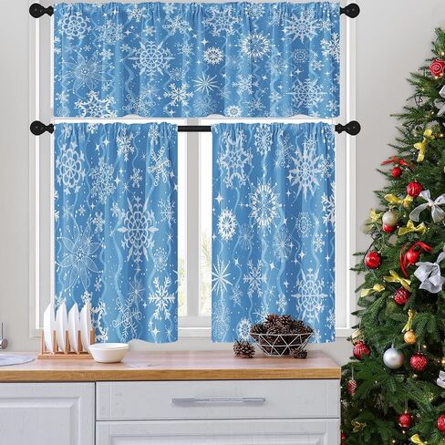 Christmas Navy Blue Snowflakes Kitchen Curtains with Valance and Tier Sets 36 Inch, 3 Pieces Crystal Snow Rod Pocket Drapes Window Treatment Curtains for Kitchen Over Sink Bed Room Decor in Saudi Arabia