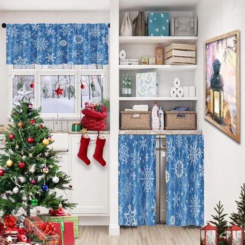 Christmas Navy Blue Snowflakes Kitchen Curtains with Valance and Tier Sets 36 Inch, 3 Pieces Crystal Snow Rod Pocket Drapes Window Treatment Curtains for Kitchen Over Sink Bed Room Decor in Saudi Arabia
