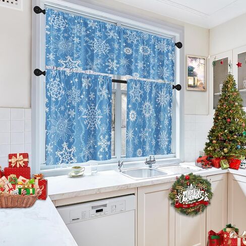 Christmas Navy Blue Snowflakes Kitchen Curtains with Valance and Tier Sets 36 Inch, 3 Pieces Crystal Snow Rod Pocket Drapes Window Treatment Curtains for Kitchen Over Sink Bed Room Decor in Saudi Arabia