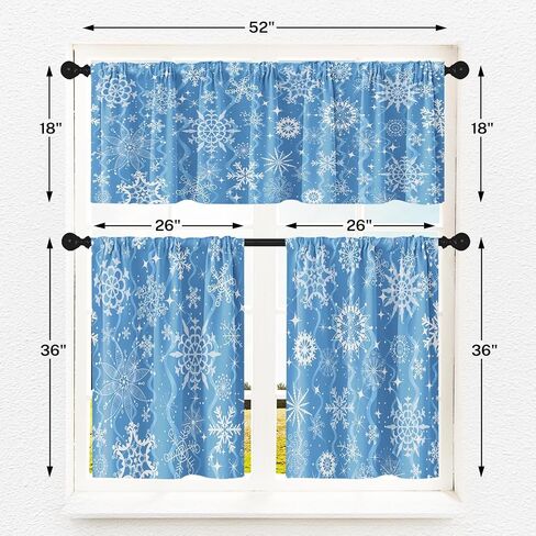 Christmas Navy Blue Snowflakes Kitchen Curtains with Valance and Tier Sets 36 Inch, 3 Pieces Crystal Snow Rod Pocket Drapes Window Treatment Curtains for Kitchen Over Sink Bed Room Decor in Saudi Arabia