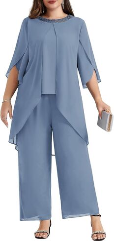 Hanna Nikole Plus Size Mother of The Bride Pant Suits 2 Piece Chiffon Sets Dressy Wedding Guest Outfit with High Low Hem in Kuwait
