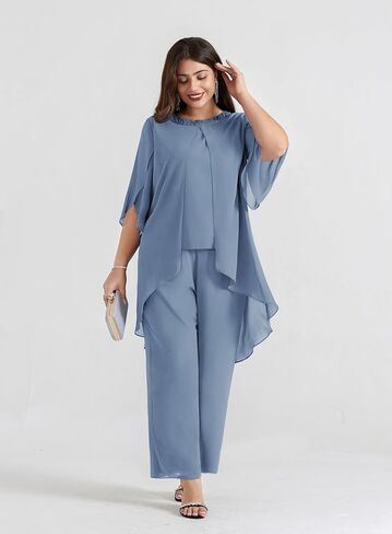 Hanna Nikole Plus Size Mother of The Bride Pant Suits 2 Piece Chiffon Sets Dressy Wedding Guest Outfit with High Low Hem in Kuwait
