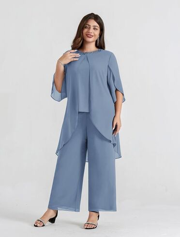 Hanna Nikole Plus Size Mother of The Bride Pant Suits 2 Piece Chiffon Sets Dressy Wedding Guest Outfit with High Low Hem in Kuwait