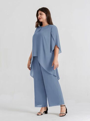 Hanna Nikole Plus Size Mother of The Bride Pant Suits 2 Piece Chiffon Sets Dressy Wedding Guest Outfit with High Low Hem in Kuwait