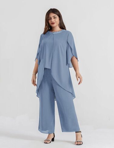 Hanna Nikole Plus Size Mother of The Bride Pant Suits 2 Piece Chiffon Sets Dressy Wedding Guest Outfit with High Low Hem in Kuwait