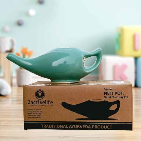 2activelife Yoga Neti Pot لتنظيف الجيوب الأنفية والاحتقان| مناسب للاستخدام في الميكروويف وغسالة الأطباق | وعاء Neti من السيراميك المتين المقاوم للتسرب| غسول الأنف مصنوع يدويًا من السيراميك المتين - أصفر خشخشة in Kuwait