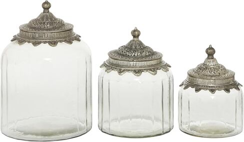 Deco 79 Glass Living Room Decorative Jars Decorative Container with Engraved Silver Lids, Set of 3 Jar with Lid 6", 7", 9"H, Clear in Saudi Arabia