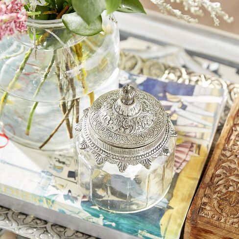 Deco 79 Glass Living Room Decorative Jars Decorative Container with Engraved Silver Lids, Set of 3 Jar with Lid 6", 7", 9"H, Clear in Saudi Arabia