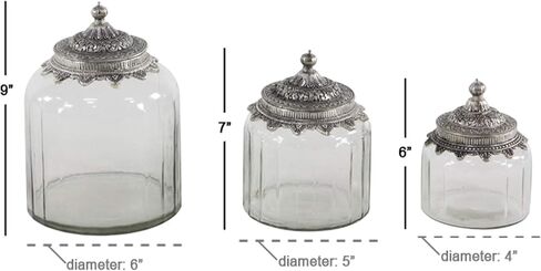 Deco 79 Glass Living Room Decorative Jars Decorative Container with Engraved Silver Lids, Set of 3 Jar with Lid 6", 7", 9"H, Clear in Saudi Arabia