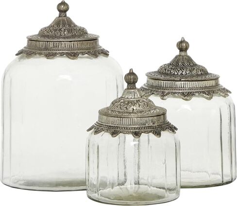 Deco 79 Glass Living Room Decorative Jars Decorative Container with Engraved Silver Lids, Set of 3 Jar with Lid 6", 7", 9"H, Clear in Saudi Arabia