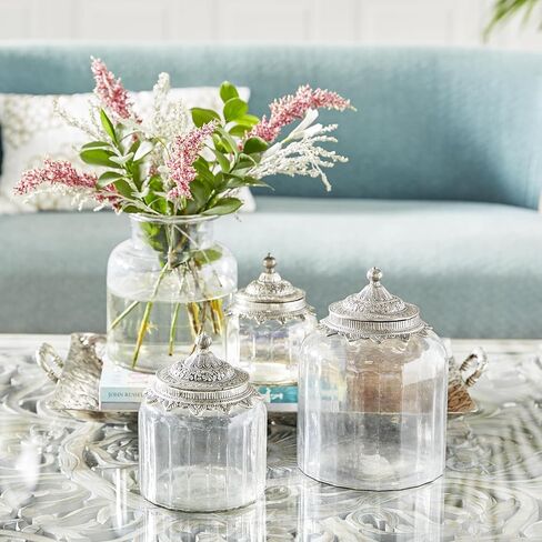 Deco 79 Glass Living Room Decorative Jars Decorative Container with Engraved Silver Lids, Set of 3 Jar with Lid 6", 7", 9"H, Clear in Saudi Arabia