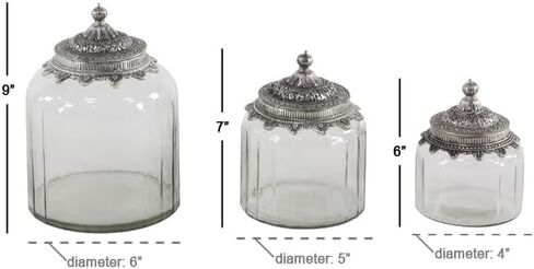 Deco 79 Glass Living Room Decorative Jars Decorative Container with Engraved Silver Lids, Set of 3 Jar with Lid 6", 7", 9"H, Clear in Saudi Arabia