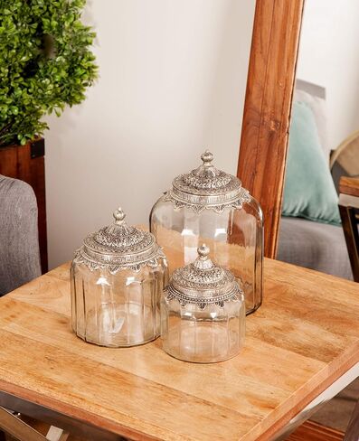 Deco 79 Glass Living Room Decorative Jars Decorative Container with Engraved Silver Lids, Set of 3 Jar with Lid 6", 7", 9"H, Clear in Saudi Arabia