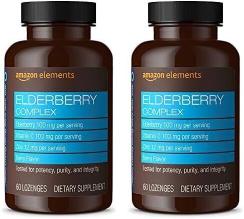Amazon Elements مجمع Elderberry، دعم الجهاز المناعي، أقراص استحلاب بنكهة التوت، 60 قطعة، Elderberry 100 مجم، فيتامين C 103 مجم، زنك 12 مجم لكل وجبة (قد يختلف التغليف) in Kuwait