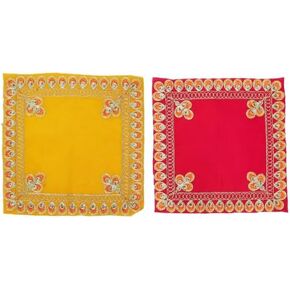 Aditri Creation Set of 2 Decorative Mat Aasan Velvet Pooja Cloth (Size:-12 Inches X 12Inches) for Multipurpose Traditional Pooja Festival Decorations Item & Pooja Article Yellow Laxmi(Pink,Yellow) in Saudi Arabia
