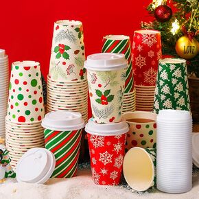 Gerrii 100 Set Christmas Paper Cups Disposable 12 oz with Lids Hot Chocolate Cups Coffee Cups Holiday Hot Cups for Hot and Cold Drinks Tea Water Bar Supplies Winter Season(Pretty Style)