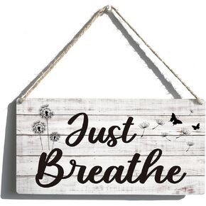 Funny Bathroom Signs Gift Farmhouse Just Breathe Wooden Hanging Sign Rustic Wall Art Home Bedroom Decoration 12 x 6 Inches