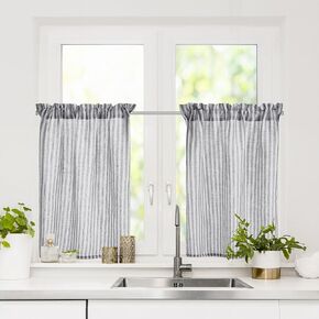 Deconovo Stripe Linen Curtains, Linen Blend Cafe Curtains, Striped Tier Curtains, Faux Linen Kitchen Curtains, Farmhouse Rustic Curtains Rod Pocket,Navy on Beige,30W x 30L Inch,2 Panels