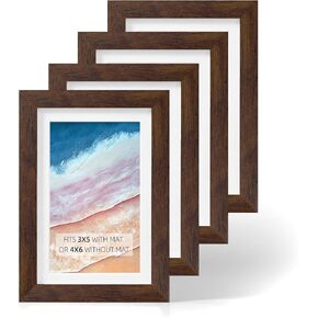 Rustic Walnut 4x6 Picture Frame, Fits 3x5 with Mat or 4x6 without Mat, Tabletop and Wall Display, 4 Pack