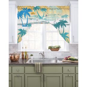 Ombre Teal Swag Valance Kitchen Curtains, Rod Pocket Valance Curtain Panels for Bedroom Living Room Bathroom Cafe Windows, Summer Fall White Leaves Floral Flowers Watercolor 56''x36''
