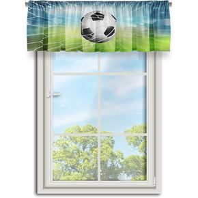 Football Window Valances for Kitchen, Soccer Ball Flying Into The Goal Net, Rod Pocket Thermal Insulated Small Window Curtains for Living Room Bedroom Dining Room Bathroom, 52 X 18 Inch