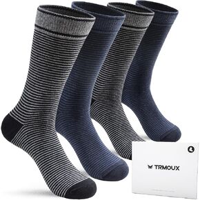 Mens Dress Socks Premium Cotton Crew Socks for Men Soft Comfortable Black Striped Socks Navy & Gray Classic, 4-Pack