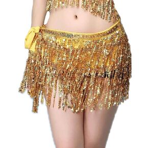 Women Sequin Dance Skirt Belly Dancing Outfit Glitter Tassel Fringe Hip Scarf Rave Waist Wrap Belt Costume for Girls (Gradient Blue)