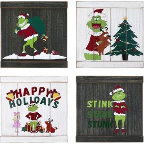 4 Pack Christmas Wall Art White&Black Wooden Rustic Cabin Decor Christmas Wall Decor with Christmas Tree Xmas Holiday Decorations for Home, Bedroom, Bathroom, Living Room(7.9x7.9inch