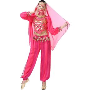 Women's Halloween Costume Set Belly Dance Crop Top Pleated Harem Pants for Dress Up Party 5 Piece Outfit (One Size, B Rose) … in Kuwait